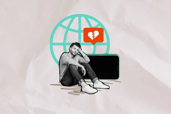 Üzgün Mutsuz Genç Adamın Kolaj Resmi Akıllı Telefon Ekranı Kırık — Stok fotoğraf