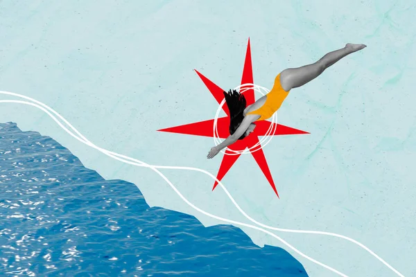 Retrato Collage Compuesto Efecto Blanco Negro Chica Delgada Saltando Agua — Foto de Stock