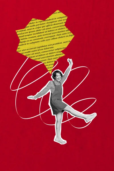黑白色效果正面女生的垂直拼贴喜欢在红色背景下孤立的舞书文本页面心灵泡沫 — 图库照片