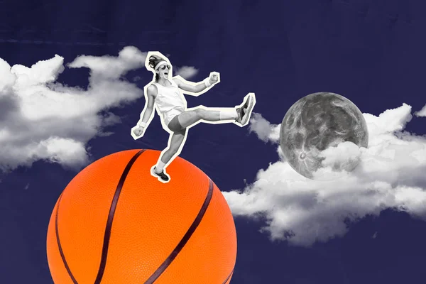 Collage Bild Von Schwarz Weiß Effekt Mini Kerl Großen Basketball — Stockfoto
