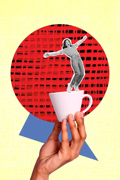 Verticale Collage Afbeelding Van Arm Vingers Houden Koffiekopje Mini Zwart — Stockfoto