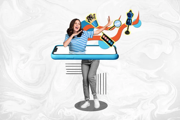 Kreative Absurde Collage Eines Jungen Mädchens Das Smartphone Touchscreen Tanzt — Stockfoto