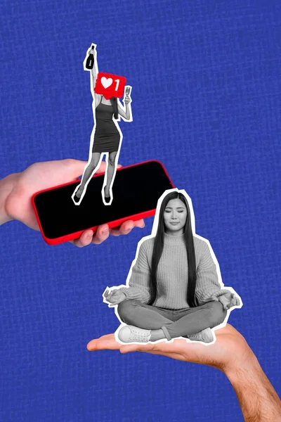 Vertikale Collage Bild Der Arme Halten Smartphone Display Aufgeregt Mädchen — Stockfoto