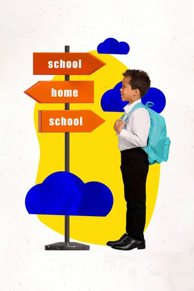 Creative Collage Funny Schoolboy Choose Way Watching Signpost Choose Could — Stock Photo, Image