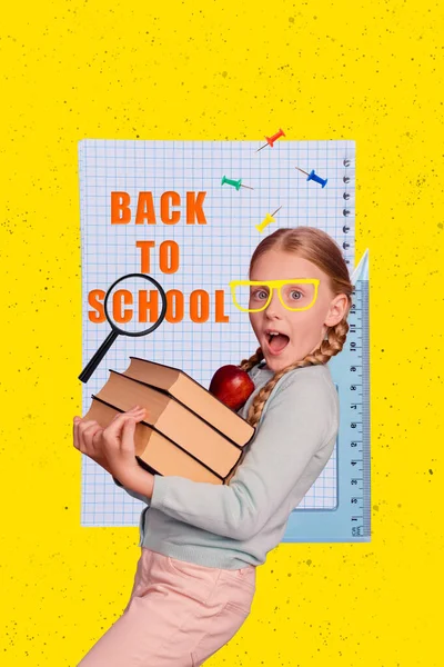 Collage Verticale Stupito Bambino Tenere Libro Dipinto Occhiali Torna Scuola — Foto Stock