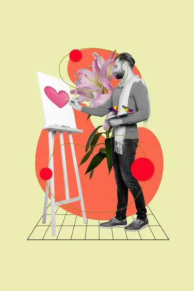 有创意的海报拼贴天才恋爱艺术家画心形绘画课情人节情侣表达情感 — 图库照片
