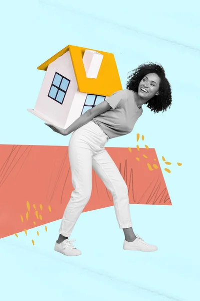 风趣的年轻女子携带持有房地产抵押贷款搬迁住房交易买方公寓的创意趋势拼贴 — 图库照片