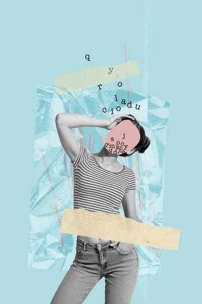 コラージュ3D画像のピンナップポップレトロスケッチの面白い若い女性顔のない単語テキスト文字アルファベット心理学青の背景 — ストック写真