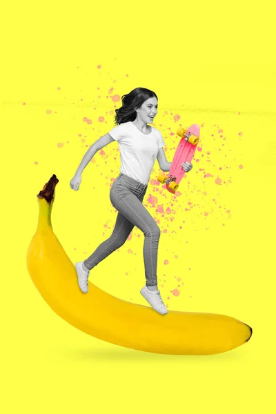 Modelo Colagem Vívida Colorido Senhora Positiva Sonhando Correr Rápido Banana — Fotografia de Stock