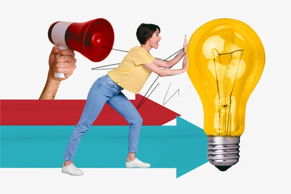 ビジネス女性トレーダーのコラージュテンプレート画像は ショッピングの提供についての大きな電球の天才的なアイデアをプッシュ — ストック写真