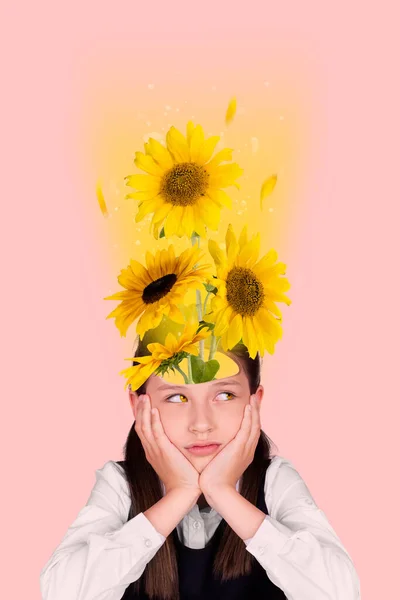 Banner Poster Collage Von Nachdenklichen Negativen Kind Mädchen Mit Sonnenblumen — Stockfoto