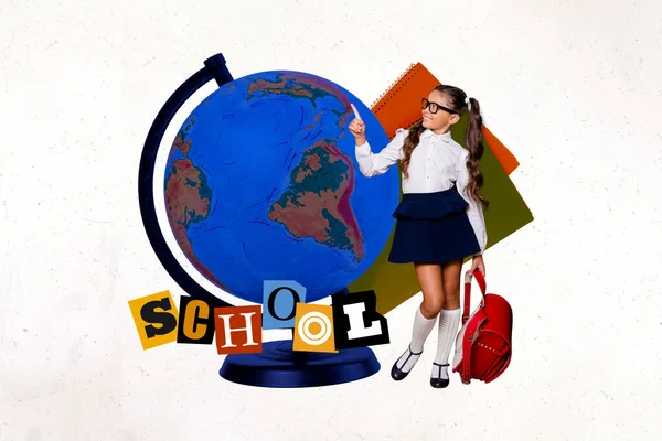 聪明而积极的迷你女孩的创意拼贴手拿着背包尖指巨大的地球世界被白色的学校背景隔离了 — 图库照片