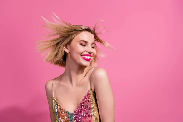 stock image Photo of nice careless young blonde shiny lady wear sequins singlet dress festive windy motion hairstyle isolated on pink color background.