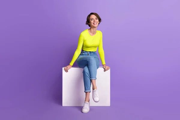 Full Length Photo Gorgeous Satisfied Glad Person Sitting Podium Have — Stock Photo, Image