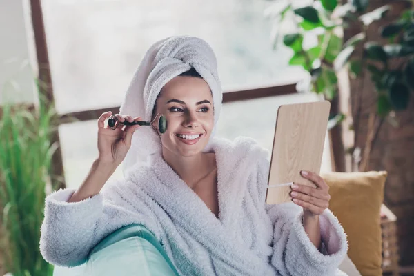 Photo Attractive Homey Lady Shower Dressed Bathrobe Hair Turban Making — Stock Photo, Image
