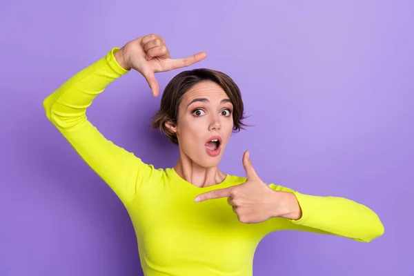 Portrait Impressed Nice Person Arms Fingers Demonstrate Cadre Gesture Open — Stock Photo, Image