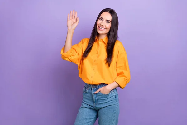 Photo Positive Cheerful Friendly Business Woman Wear Orange Shirt Denim — Stock Photo, Image