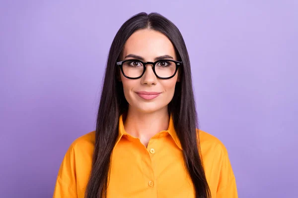 Portrait of confident serious lady brunette hair wear stylish formal shirt professional auditor worker isolated on purple color background.