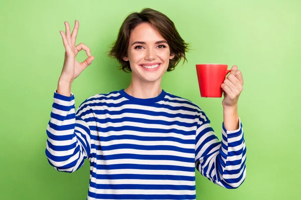 Portrait Good Mood Pleasant Girl Wear Striped Stylish Sweatshirt Hold — Stock Photo, Image
