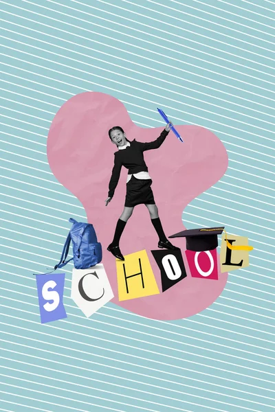 海报横幅广告兴奋的小女孩与背包广告季节学校促销活动的拼贴 — 图库照片