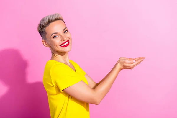 Profile Photo Positive Gorgeous Lady Toothy Smile Hands Palms Hold — Stock Photo, Image