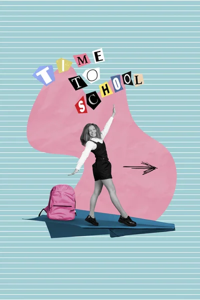 Плакат Банер Колаж Реклама Щасливої Школярки Підлітка Літає Літаку Спрямовуючи — стокове фото