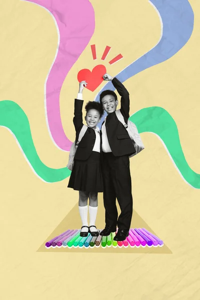 Creatieve Tekening Schilderen Collage Sjabloon Van Twee Vrienden Schoolmeisje Schooljongen — Stockfoto
