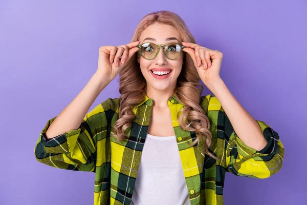 Photo Funky Pretty Lady Wear Plaid Yellow Shirt Arms Spectacles — Stock Photo, Image