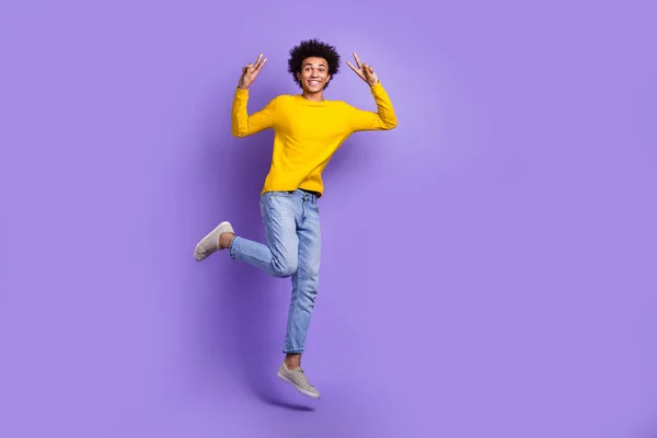 Full Body Photo Jump Young Man Have Fun Show Double — Stock Photo, Image