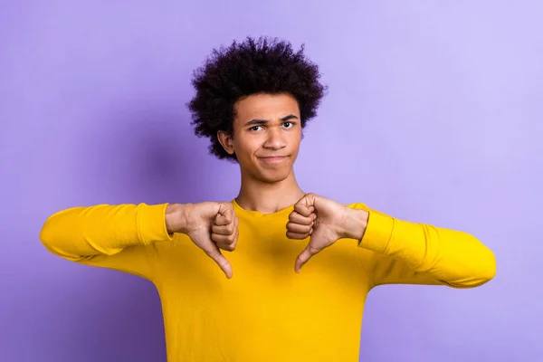 Photo Strict Young Funny Unsatisfied Guy Dislike Thumbs Gesture Demonstrate — Stock Photo, Image