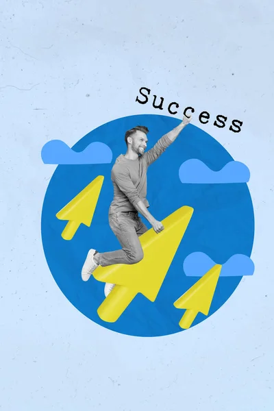 Картинка Плаката Коллаж Положительный Стойкий Парень Летит Вперед Цель Успех — стоковое фото