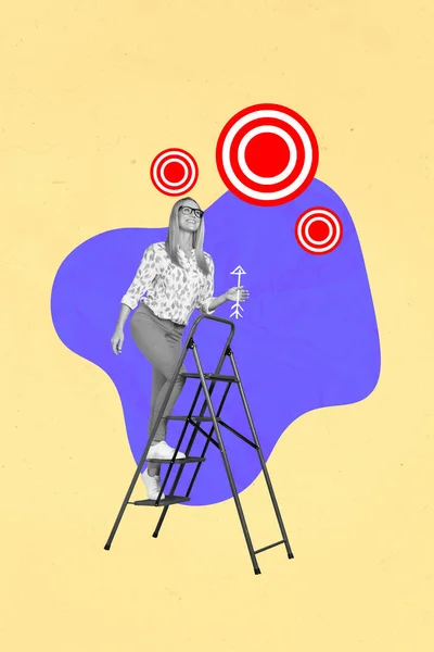 Collage Artwork Picture Purposeful Lady Walking Ladder Getting Target Isolated — Stock Photo, Image