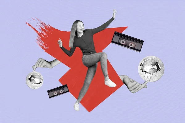 Collage Créatif Jeune Femme Dansant Divertissement Rétro Amuser Écouter Nostalgie — Photo