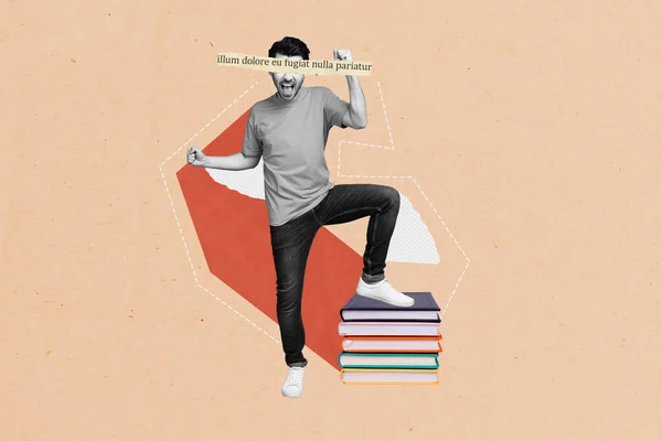 喜びの黒の白い色の男の複合コラージュ写真を上げる拳山の本のページピース目ベージュの背景に隔離 — ストック写真