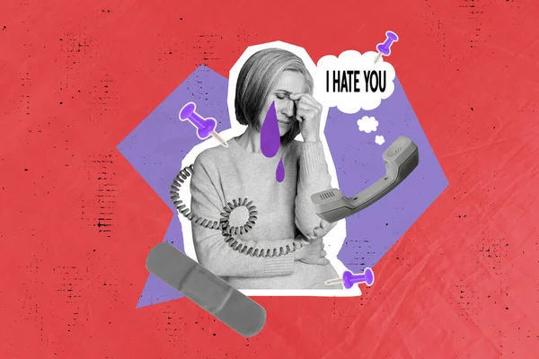 Kreatywna Ilustracja Kolaż Dzwoniąc Telefon Komunikacja Starsza Kobieta Odbierać Call — Zdjęcie stockowe