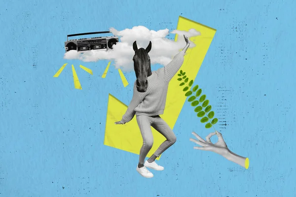 Творчий Комбінований Шаблон Колажу Смішний Безголовий Сюрреалістичний Кінь Тварина Танцює — стокове фото
