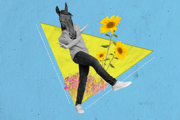 Collage Bild Von Aufgeregt Schwarz Weiß Farben Kerl Pferdekopf Tanzen — Stockfoto
