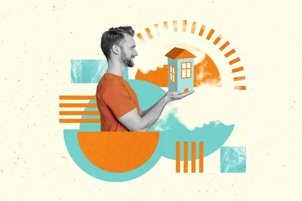 Side Profile Cadre Collage Illustration Confident Guy Hold Building Apartment — Stock Photo, Image