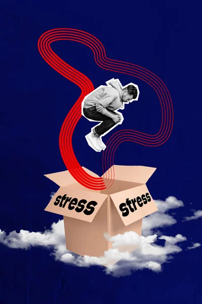 Kreativ Trend Collage Ung Man Hoppar Kartong Låda Stress Moln — Stockfoto