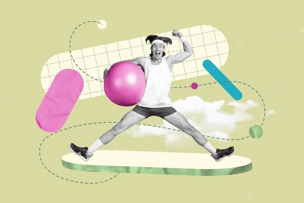 クレイジープロスポーツマンのコラージュデザイン画像アートワークは 緑の背景に隔離されたフィットボール強い練習を保持ジャンプを示しています — ストック写真