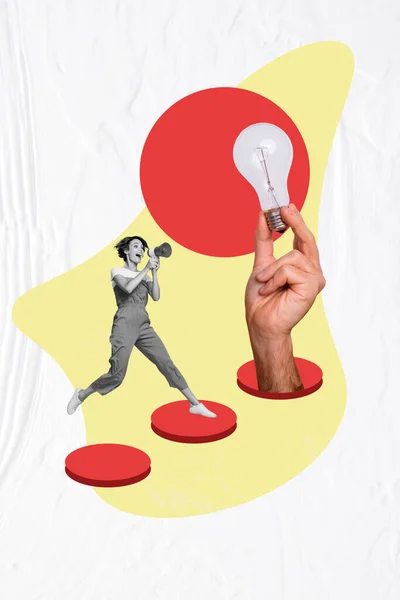 若いビジネスの女性の達成の挑戦のスタートアップの技術革新は 絵画の背景に孤立コラージュ画像電球Eurkaを宣言 — ストック写真