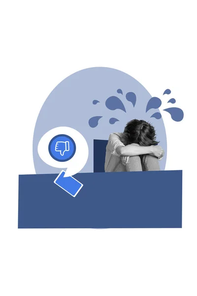 Composite Illustration Collage Girl Hug Knees Cry Tears Thumb Notification — Stock Photo, Image