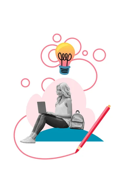 Colagem Ilustração Jovem Trabalhador Mulher Estudando Ideia Remota Lâmpada Lógica — Fotografia de Stock