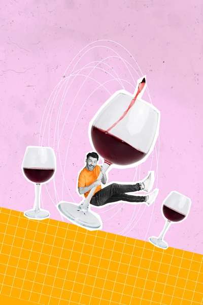 Vertical Creative Composite Collage Funny Guy Holding Huge Red Wine — Stock Photo, Image