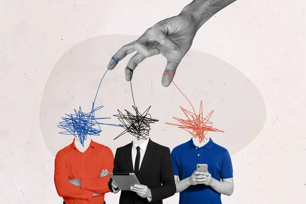 Creative Composite Illustration Photo Collage Big Arm Manipulating Headless People — Stock Photo, Image