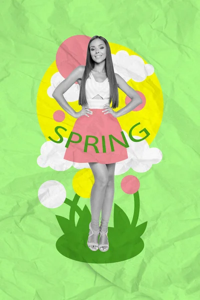 Pionowe Kolaż Obraz Wspaniały Czarny Biały Efekt Dziewczyna Malowane Wiosenne — Zdjęcie stockowe