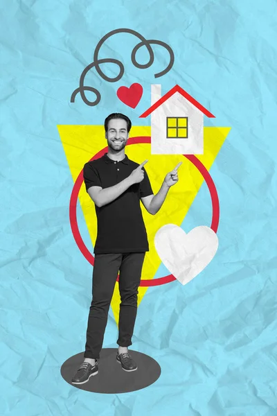 黑白色效果的人的垂直拼贴图片表示手指 粉刷过的房子 隔离的心脏符号在纸蓝色背景上被隔离 — 图库照片