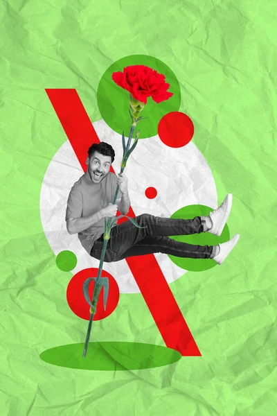 画绿色背景的时候 挂着红色大朵花的喜形于色的人的艺术品图片海报拼贴很有意思 — 图库照片