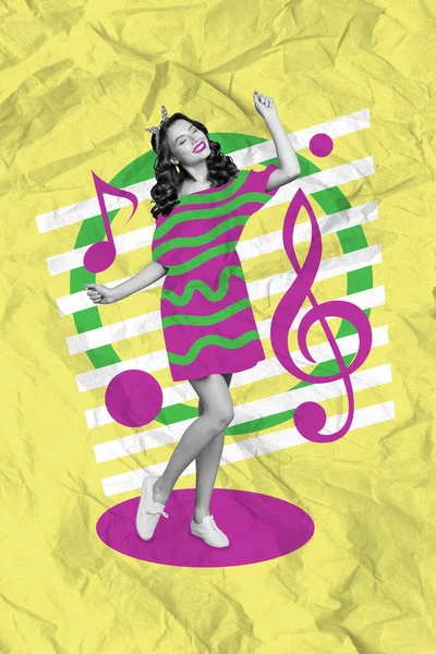 Vertical Collage Picture Cheerful Carefree Black White Effect Girl Dancing — Stock Photo, Image