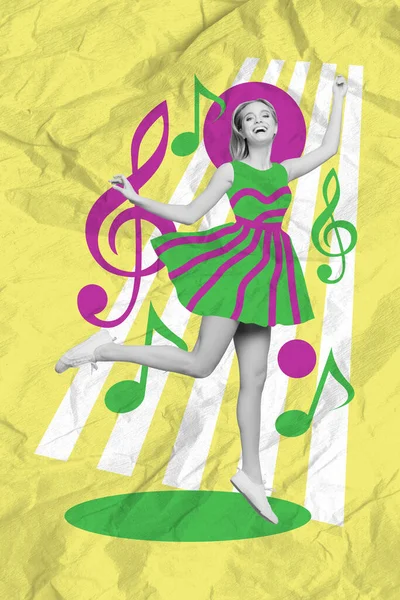 富有创意的无忧无虑的迷人女士跳舞的复古拼图 享受着与之隔离的五彩缤纷的音乐背景 — 图库照片